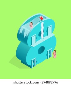 Isolated High Quality Isometric Blue Number Eight on Green Background. Vector Illustration.