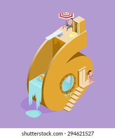 Isolated High Quality Isometric Orange Number Six on Purple Background. Vector Illustration.