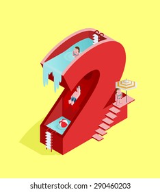 Isolated High Quality Isometric Red Number Two on Yellow Background. Vector Illustration.