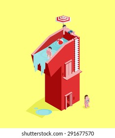 Isolated High Quality Isometric Red Number One on Yellow Background. Vector Illustration.