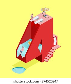 Isolated High Quality Isometric Red Number Four on Yellow Background. Vector Illustration.