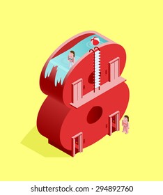 Isolated High Quality Isometric Red Number Eight on Yellow Background. Vector Illustration.
