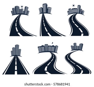 Isolated highway road with dividing marking and cityscape icons collection vector illustration