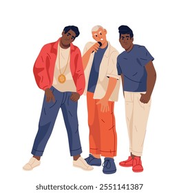 Isolated hip hop band vector illustration. Rap crew or energetic group, freestyle group or street performers, urban rhythm vocal. Live or studio musical performance. Entertainer or concert artist. Mic