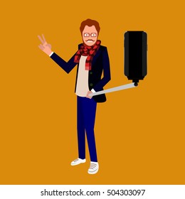 Isolated hipster with a cellphone, Selfie vector illustration