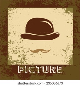an isolated hipster face with a hat and a mustache on a grunge background