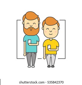 Isolated hipster men with beard using smartphone. Vector flat design illustration