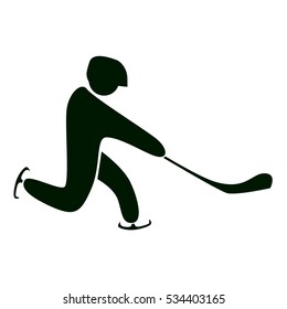 Isolated hockey icon on white. Black figure of an athlet on white background. Person with stick, skates and helmet.