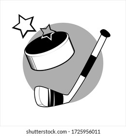 Isolated hockey stick. puck and stars. Vector illustration for print, icon, composition element, banner, poster, poster, etc.
