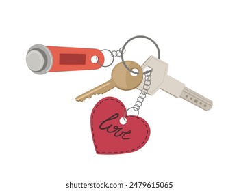 Isolated home door keys on keyholder with magnetic bibelot and cute leather love heart trinket