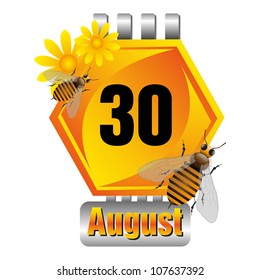 Isolated honeycomb cell as a calendar sheet with flowers and bees made for the August month. Thirty of August