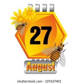 Isolated honeycomb cell as a calendar sheet with flowers and bees made for the August month. Twenty seventh of August