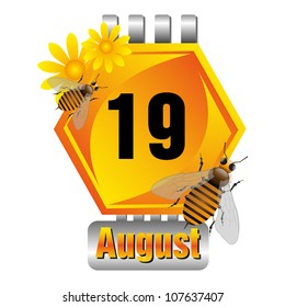 Isolated honeycomb cell as a calendar sheet with flowers and bees made for the August month. Nineteenth of August
