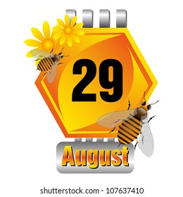 Isolated honeycomb cell as a calendar sheet with flowers and bees made for the August month. Twenty ninth of August