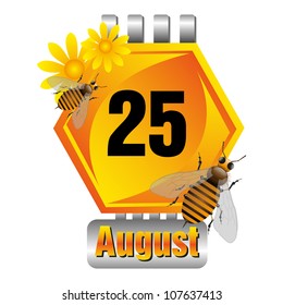 Isolated honeycomb cell as a calendar sheet with flowers and bees made for the August month. Twenty fifth of August