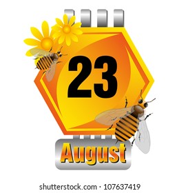 Isolated honeycomb cell as a calendar sheet with flowers and bees made for the August month. August twenty three