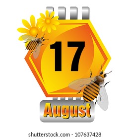 Isolated honeycomb cell as a calendar sheet with flowers and bees made for the August month. August seventeen