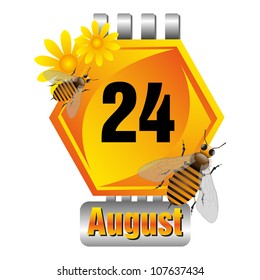 Isolated honeycomb cell as a calendar sheet with flowers and bees made for the August month. Twenty fourth of August
