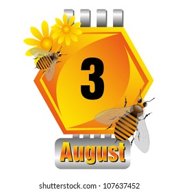 Isolated honeycomb cell as a calendar sheet with flowers and bees made for the August month. August the third