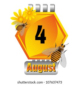 Isolated honeycomb cell as a calendar sheet with flowers and bees made for the August month. Fourth of August