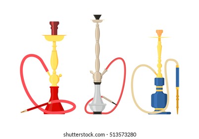 Isolated hookah with water pipe for tobacco. Sheesha or shisha, hubbly bubbly east smoke tradition for relax. Arabic or turkish souvenir, water sheesha logo, calabash smoking bar or shop theme