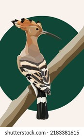 Isolated hoopoe on a branch on green background, vector illustration, geometric style