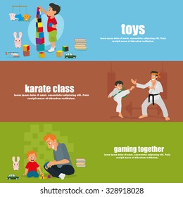 isolated horizontal banners: toy, karate class, play together. vector illustration.