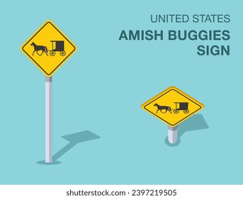 Isolated horse and buggy United States traffic sign. Front and top view. Flat vector illustration template.