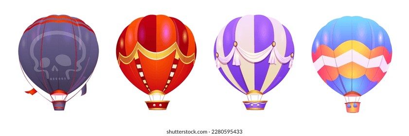 Isolated hot air ballon with basket vector icon set on white background. Cartoon pirate aerostat with skull illustration. Blue and red hotair baloon design collection image. Aircraft game asset.