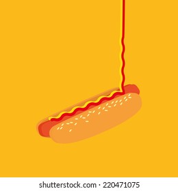 an isolated hot dog on a yellow background