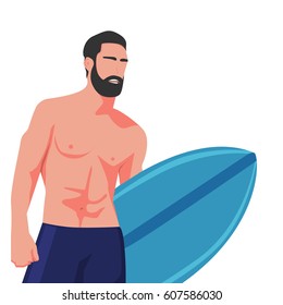 Isolated hot surfer with board