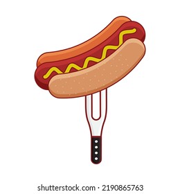 Isolated Hotdog On Fork Over White Background.