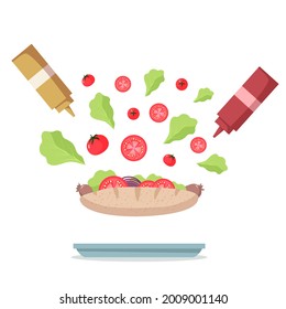 Isolated Hotdog with vegetables on a white background. sauces: kutchup and mustard