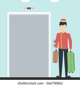 Isolated hotel elevator with porter and luggage. Hotel interior. Silver doors and buttons.