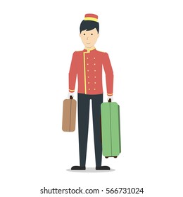 Isolated hotel porter on white background. Man in uniform with luggage.