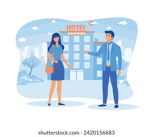 Isolated hotel services set. The doorman smiled and welcomed guests. flat vector modern illustration 