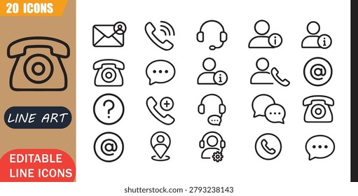 Isolated Hotline Support Icons Set, 20 Editable Line Art Icons Set, Customer Care, Service Assistance, Inquiry Support, Contact Center, Help Desk, Outline Vector