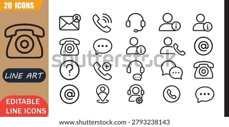 Isolated Hotline Support Icons Set, 20 Editable Line Art Icons Set, Customer Care, Service Assistance, Inquiry Support, Contact Center, Help Desk, Outline Vector