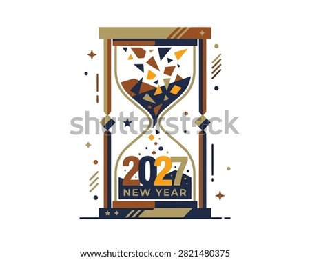 Isolated hourglass illustration featuring 2027 New Year celebration with colorful confetti inside, ready for festive countdown.
