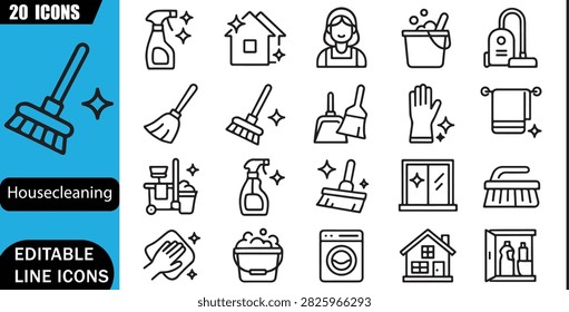 Isolated House Cleaning Icons Set, Housekeeping, Janitorial, Maid Service, 20 Editable Line Art Icons Set, Home Care, Sanitation, Cleaning Tools, Hygiene, Outline Vector