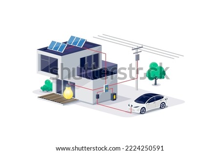 Isolated house electricity scheme with energy storage on modern home. Photovoltaic solar panels and rechargeable li-ion battery backup. Electric car charging on renewable smart power off-grid system.