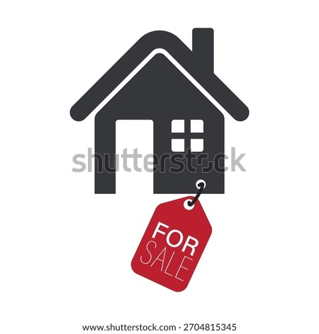 Isolated house icon with red price tag labeled “FOR SALE”, symbol of property sale, home available on market.