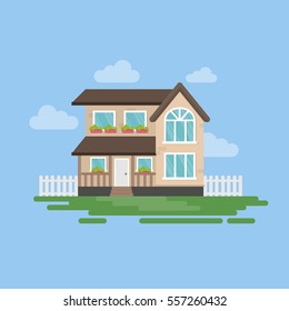 Isolated house illustartion. Exterior with clouds, grass and fence. Simple cartoon house.