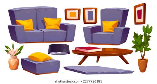 Isolated house living room interior design cartoon vector illustration. Modern sofa, armchair and table with carpet scenery for flat livingroom on white background. Minimalism apartment inside.