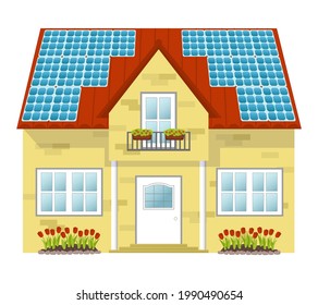 Isolated house with photovoltaic panels on its roof. House with solar panels on the roof. Green energy concept. Solar power concept. Flat vector illustration.