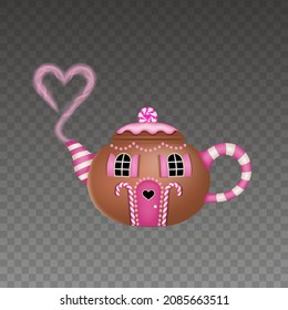 Isolated house in shape of teapot. Valentine's day house with candies and pink heart shaped smoke	