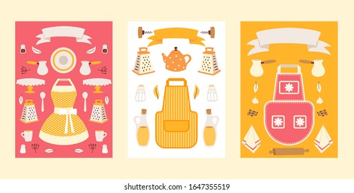 Isolated household icons on set of banners, kitchenware utensils, vector illustration. Flat style kitchen apron, cookware, grater, kettle and cup. Household store catalog cover, kitchenware shop