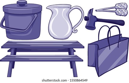 Isolated household items in purple illustration