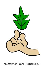 Einzige menschliche Hand, die ein Blatt zwischen den Fingern hält. Vektorgrafik im Cartoon-Stil.