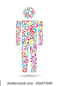 Isolated human made of colorful musical notes on white background. Different colors notes pattern. Human shape. Poster and decoration idea.